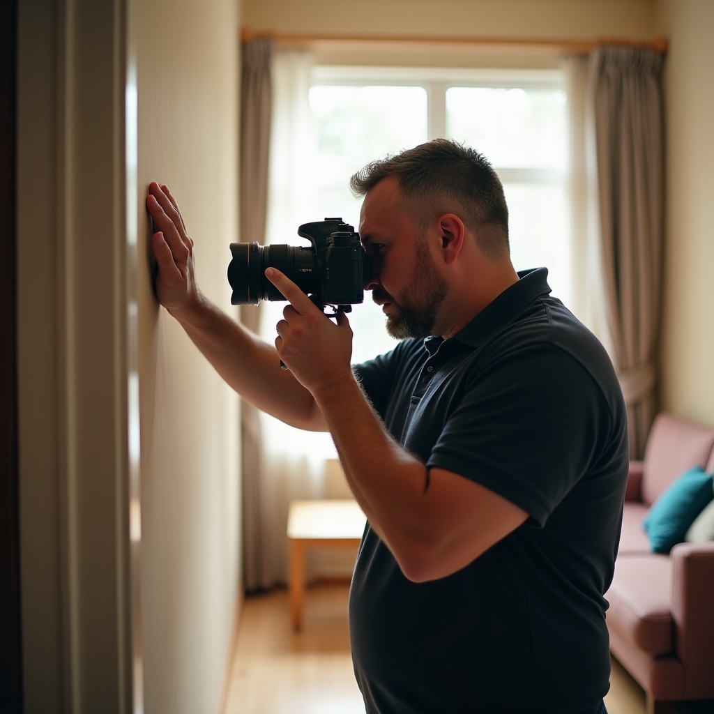 Professional documenting property condition at tenant exit with camera and checklist in furnished apartment