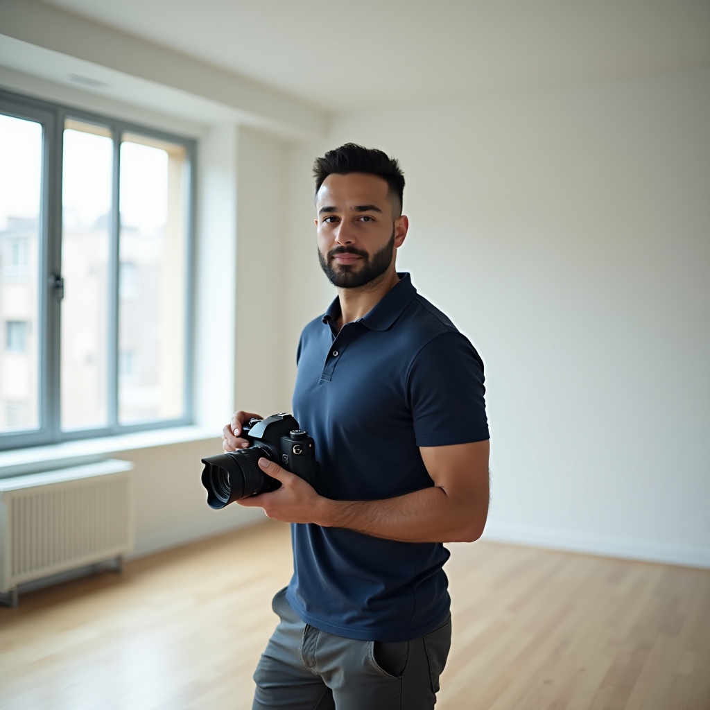 Professional conducting property condition inspection with camera in a modern apartment